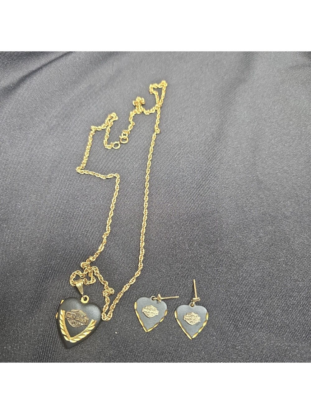 Harley Davidson Black Heart Locket Pendant 12/20 Gold And Earrings Biker Jewelry